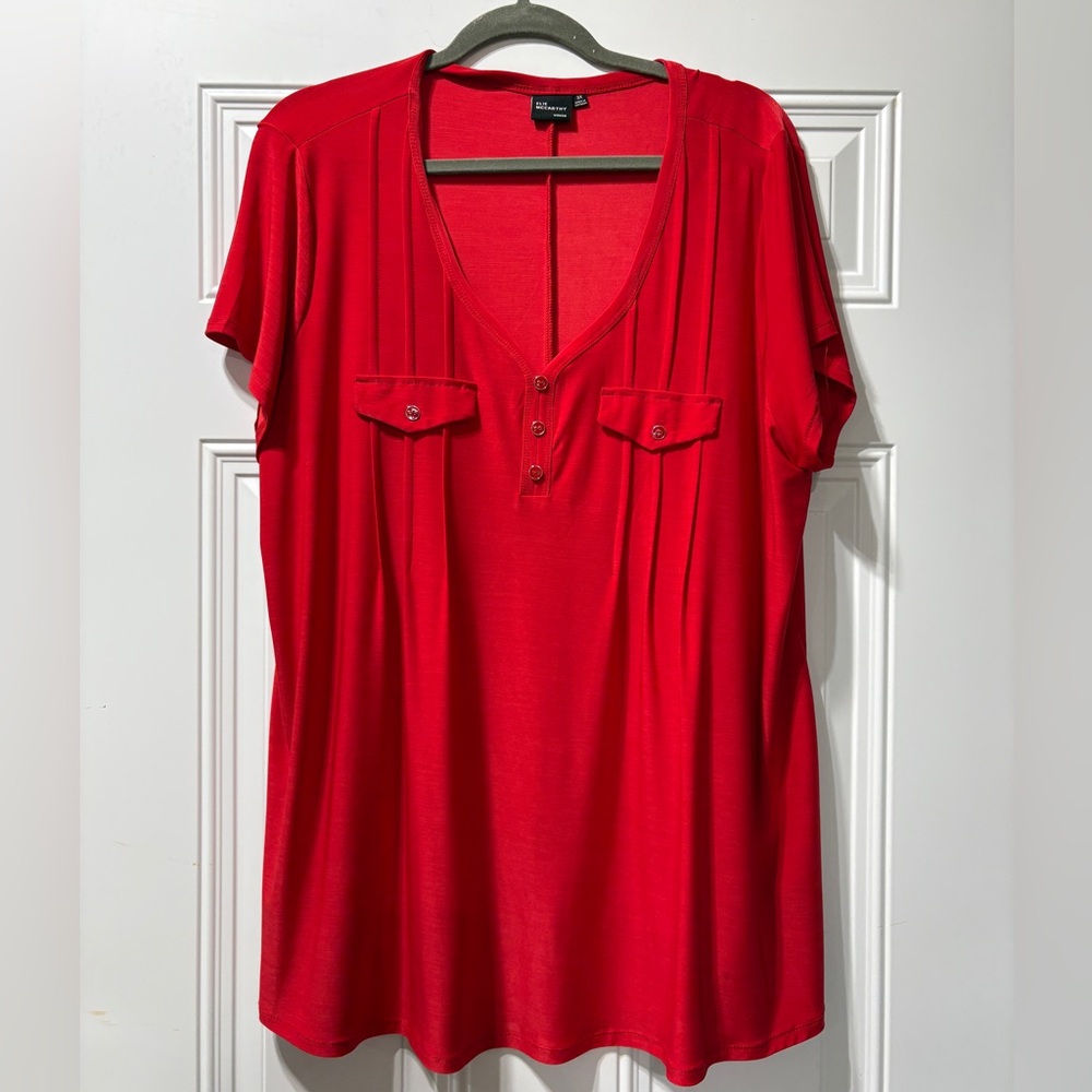 Red V-Neck Buttoned Women's Top